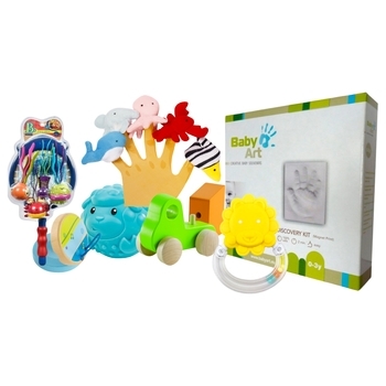 Набір дітей. Набір ляльок Lindo + Текстурна іграшка Sensory + Брязкальце-прорізувач Baby Team + Дерев'яна іграшка Hape + Набір для відбитків Baby Art Discovery Kit + Кастаньєти Hape + Ігровий набір Battat - Pampik