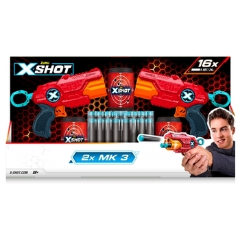 Набір швидкострільних бластерів Zuru X-Shot Red EXCEL MK 3 Double, 2 бластери, 3 банки, 16 набоїв (36432R) - Pampik