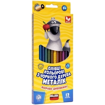 Олівці кольорові Школярик із чорного дерева, Металик, точилка, 12 кольорів (316121009) - Pampik