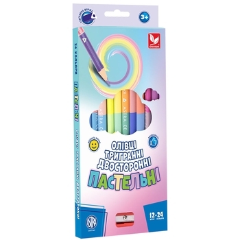 Олівці тригранні двосторонні Школярик, Пастельні, точилка, 24 кольори, 12 шт. (316121009) - Pampik