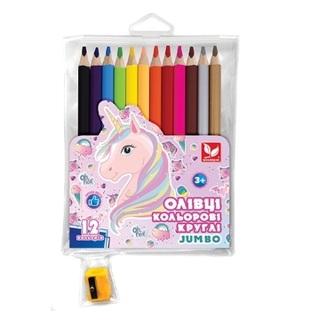Карандаши цветные круглые Школярик Джамбо Unicorn с точилкой, 12 цветов (312221007-UA) - Pampik