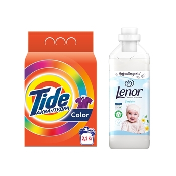 Подарок. Стиральный порошок Tide Аква-Пудра Color, автомат, 2,1 кг + Кондиционер для белья Lenor Для чувствительной кожи, 850 мл - Pampik