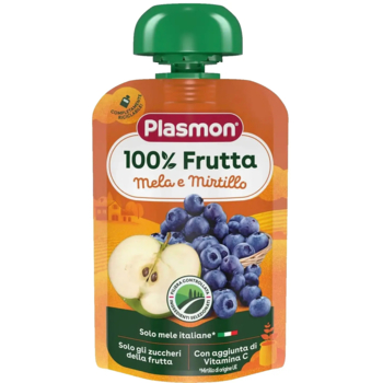Пюре Plasmon Merenda 100% Frutta Яблоко и черника с витаминами, 100 г - Pampik