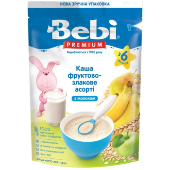 Молочна каша Bebi Premium Фруктово-злакове асорті, 200 г - Pampik