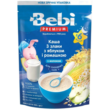 Молочна каша Bebi Premium 3 злаки з яблуком та ромашкою, 200 г - Pampik