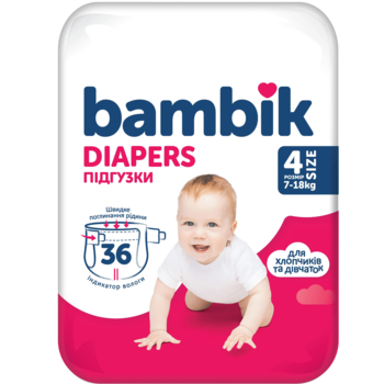 Підгузки на липучках Bambik 4 (7-18 кг), 36 шт. - Pampik