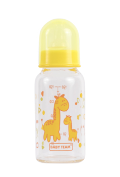 Пляшечка для годування Baby Team, скляна з силіконовою соскою, 150 мл, жовтий (1200) - Pampik