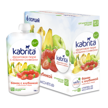 Пюре Kabrita Pouch Банан з полуницею, яблучним пюре та козячими вершками, 600 г (6 упаковок по 100 г) - Pampik