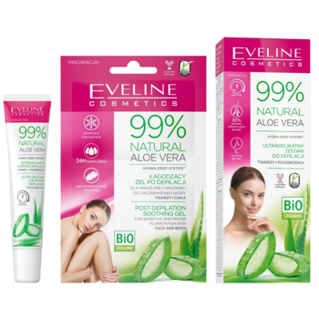 Ультраделикатный набор для депиляции лица и подбородка Eveline Natural aloe vera 20 мл + Успокаивающий гель после депиляции, 2,5 мл (5903416026839) - Pampik