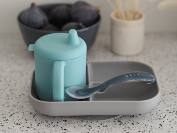 Набір посуду Beaba, силікон, 3 предмета, блакитний з сірим (913526) - Pampik - 3