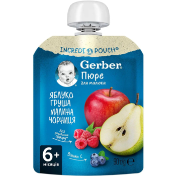 Пюре Gerber Pouch Яблуко, груша, малина і чорниця, 90 г - Pampik