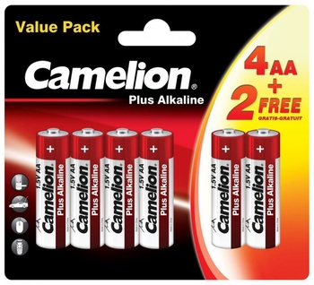 Батарейки пальчикові Camelion 1,5V AA LR6-BP Plus Alkaline, 6 шт. (4+2LR6-BP) - Pampik