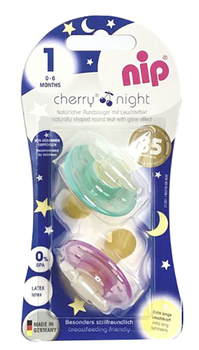 Круглая пустышка Nip Вишенка Ночь, 0-6 мес., розовый с бирюзовым, 2 шт. (91010) - Pampik