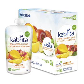 Пюре Kabrita Pouch Манго з яблучним пюре і козячими вершками, 600 г (6 упаковок по 100 г) - Pampik