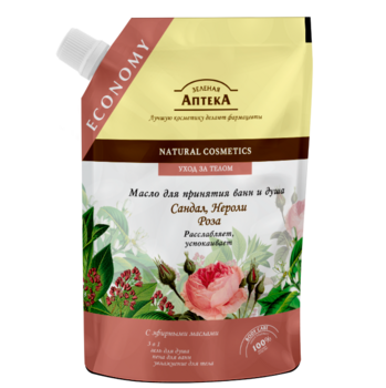 Олія для прийняття ванн та душу Зелена аптека Сандал, Неролі та Троянда, 200 мл - Pampik