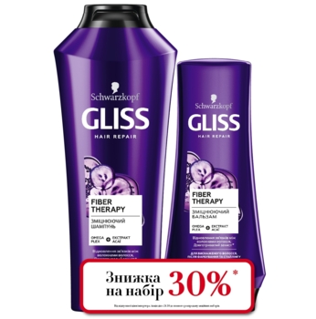Набір Gliss Fiber Therapy: Шампунь, 400 мл + Бальзам, 200 мл, для виснаженого після фарбування волосся - Pampik