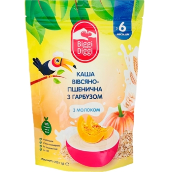 Упаковка молочной каши Biggi Diggi Овсяно-пшеничная с тыквой, 1,8 кг (9 шт. по 200 г) - Pampik