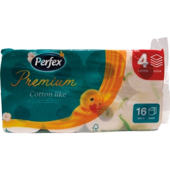 Чотиришаровий туалетний папір Perfex Premium Cotton, білий, 16 рулонів - Pampik