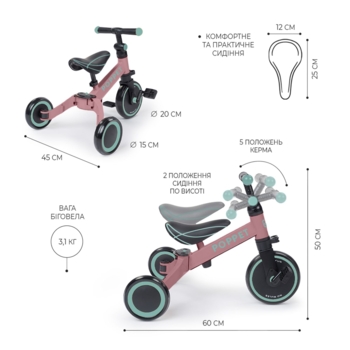 Дитячий триколісний біговел-трансформер Poppet 3в1, рожево-м'ятний + стікерпак (PP-1703P) - Pampik - 4