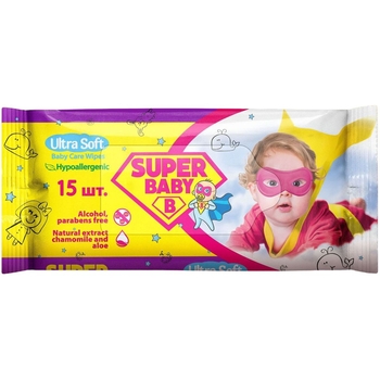 Влажные салфетки Super Baby SuperPack Sensetive, ромашка и алоэ, 15 шт. - Pampik