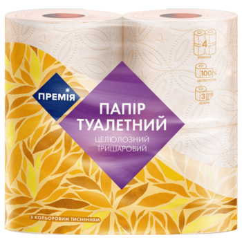 Бумага туалетная Премія, 3-слойная, 4 шт. - Pampik