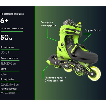Роликовые коньки Neon Inline размер 30-33 зеленый (NT07G4) - Pampik - 5