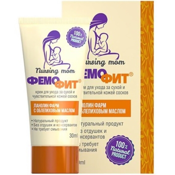 Крем для догляду за сухою та чутливою шкірою сосків Фемофіт Ланолін Фарм, з олією обліпихи, 30 мл - Pampik