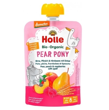 Пюре Holle Pear Pony с грушей, персиком, малиной и спельтой, 100 г - Pampik