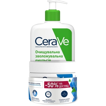 Набір дерматологічних засобів CeraVe: Очищувальна зволожувальна емульсія для нормальної та сухої шкіри обличчя та тіла, 473 мл + Зволожувальний крем для сухої та дуже сухої шкіри обличчя та тіла, 340 мл - Pampik - 2