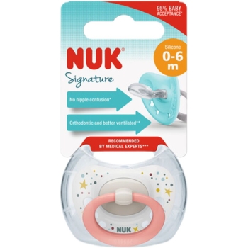 Пустышка ортодонтическая Nuk Signature Розовое кольцо, 0-6 мес., силиконовая (3952455) - Pampik