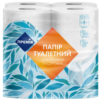 Бумага туалетная Премія, 3-слойная, 8 рулонов - Pampik