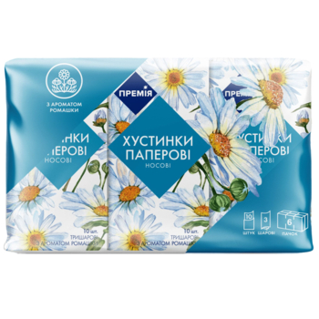 Носові хустинки Премія, 3-шарові, з ароматом ромашки, 6 х 10 шт. - Pampik