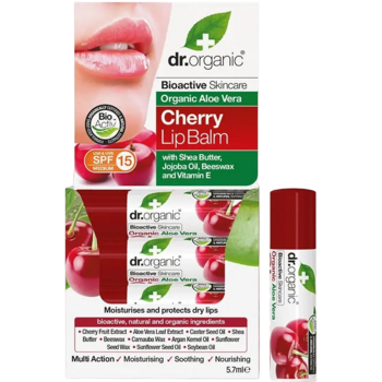 Бальзам для губ з екстрактом алое віра та вишні Dr. Organic Bioactive Skincare Aloe Vera Cherry Lip Balm SPF15, 5.7 мл - Pampik