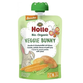 Пюре Holle Veggie Bunny з моркви, солодкої картоплі та горошка, 100 г - Pampik