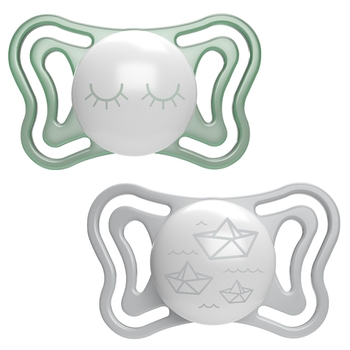 Пустушка силіконова Chicco Physio Light, 16-36 міс., з футляром, люмінесцентна, 2 шт. (71039.41) - Pampik