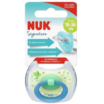 Пустышка Nuk ортодонтическая Signature размер 3 листочки лягушка (3952480) - Pampik
