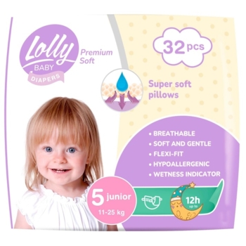 Підгузки на липучках Lolly Premium Soft 5 (11-25 кг), 32 шт. - Pampik