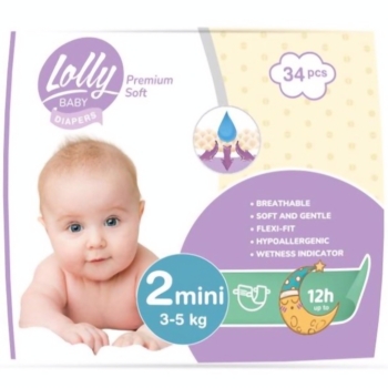 Підгузки на липучках Lolly Premium Soft 2 (3-5 кг), 34 шт. - Pampik
