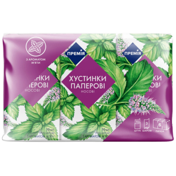 Носовые платочки Премія, 3-слойные, с ароматом мяты, 6 х 10 шт. - Pampik