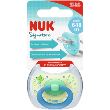 Пустышка ортодонтическая Nuk Signature Листочки и лягушка pазмер 2 силиконовая (3952470) - Pampik