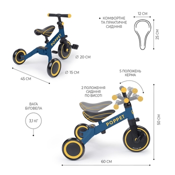 Дитячий триколісний біговел-трансформер Poppet 3 в 1, синьо-жовтий + стікерпак (PP-1702B) - Pampik - 4