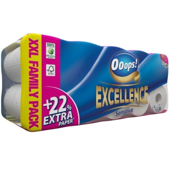 Туалетная бумага Ooops! Excellence Sensitive, трехслойная, 20 рулонов - Pampik