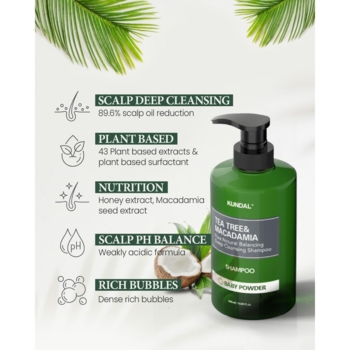Шампунь для волосся Kundal Tea Tree & Macadamia Deep Cleansing Shampoo Baby Powder проти лупи натуральний, 500 мл - Pampik - 5