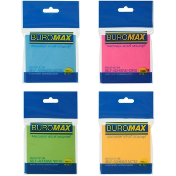 Блок бумаги для заметок Buromax Neon с клейким слоем 76х76 мм 100 листов в ассортименте (BM.2312-98) - Pampik
