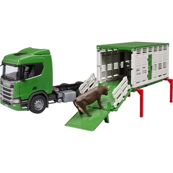 Игрушечная машинка Bruder Автомобиль Scania Super 560R для перевозки животных с коровой 1:16 (03548) - Pampik - 4