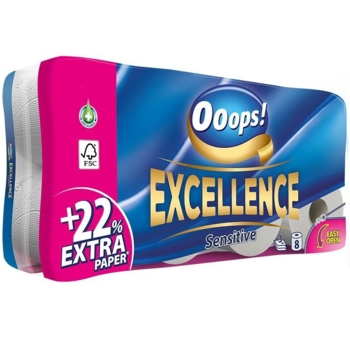Туалетний папір Ooops! Excellence Sensitive, тришаровий, 8 рулонів - Pampik