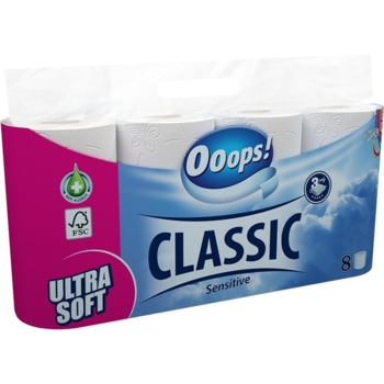 Туалетная бумага Ooops! Classic Sensitive, трехслойная, 8 рулонов - Pampik