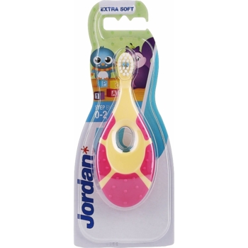Дитяча зубна щітка Jordan Step By Step, 0-2 роки, екстрам'яка, жовтий з малиновим (6220100) - Pampik