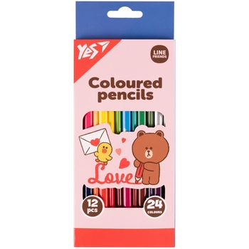 Цветные карандаши Yes Line Friends. Choco love двухсторонние, 12 шт., 24 цвета (290746) - Pampik