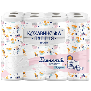 Туалетная бумага Кохавинська папірня Детская, 3 слоя, 24 рулона - Pampik
